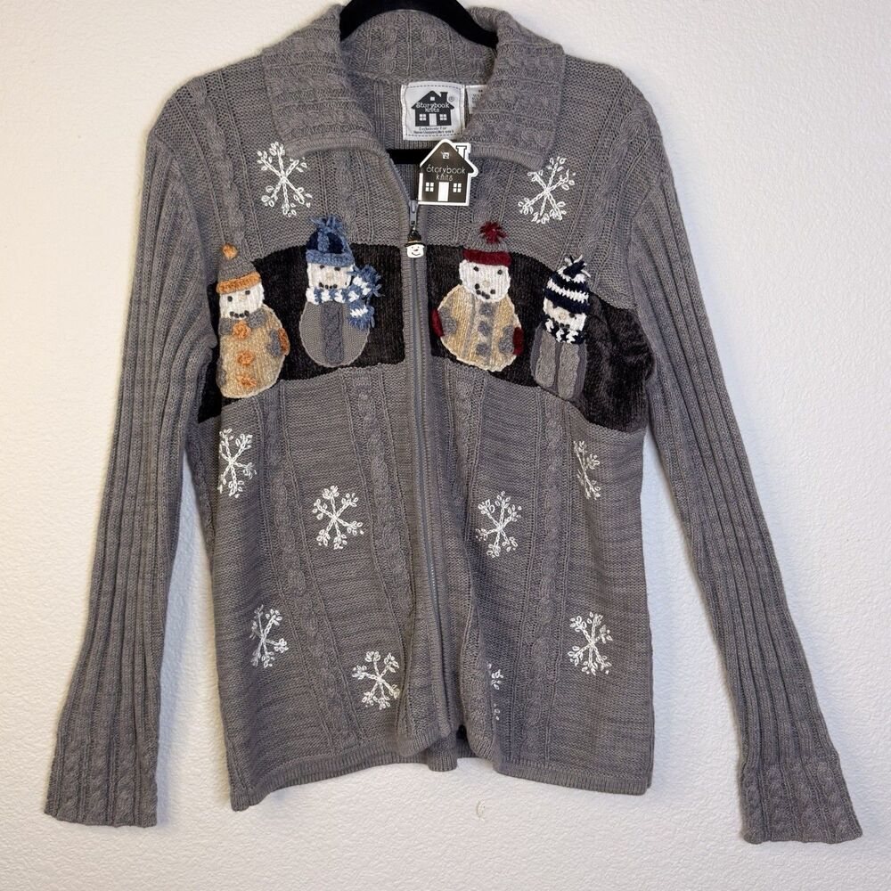 Storybook Knits Cardigan M Gray Snowman Snowflake Cable Knit Christmas Sweater